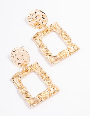 Gold Textured Round & Square Drop Earrings