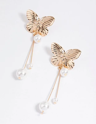 Gold Butterfly Stack Pearl Drop Earrings