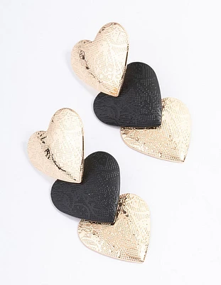 Black Stamp Heart Graduated Drop Earrings