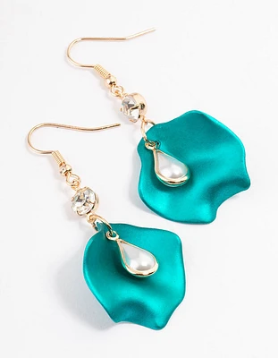 Green Pearl Drop & Petal Drop Earrings