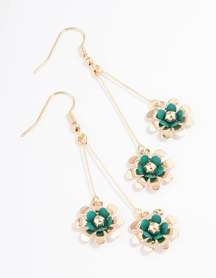 Green Double Stack Flower Drop Earrings