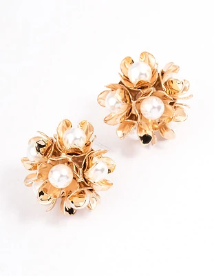 Gold Pearl Flower Cluster Stud Earrings