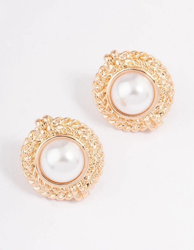 Gold Round Pearl & Rope Stud Earrings