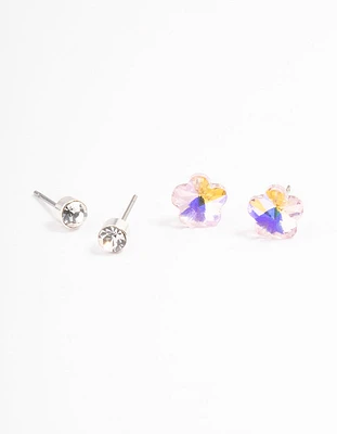 Silver Diamante & Flower Earrings Pack