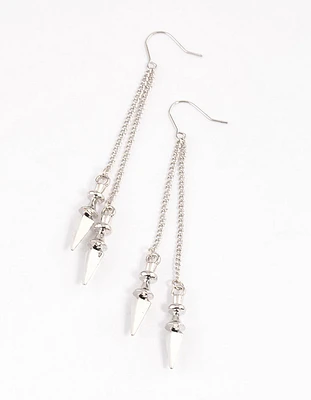 Rhodium Double Row Chain Spike Drop Earrings