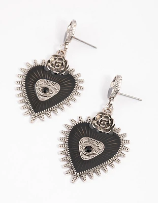 Silver Enamel Heart Rose Drop Earrings