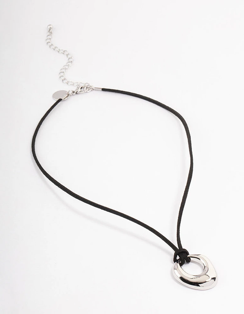 Rhodium Organic Oval Suede Cord Necklace