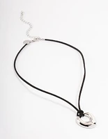 Rhodium Organic Oval Suede Cord Necklace