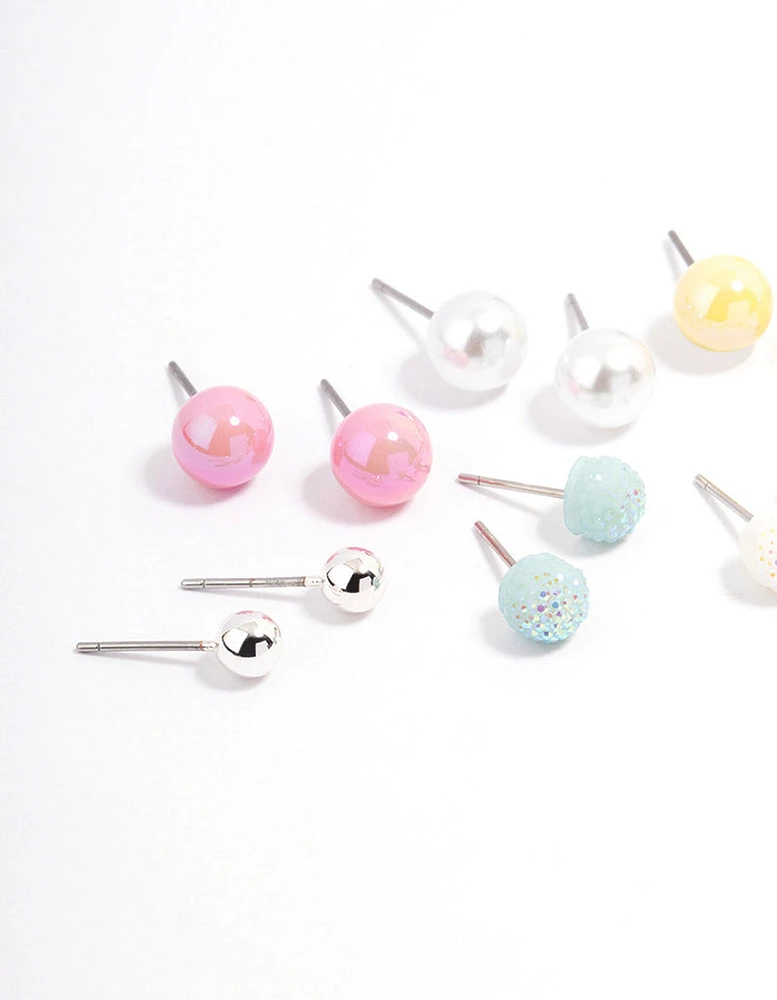 Silver Mixed Ball Stud Earrings 8-Pack