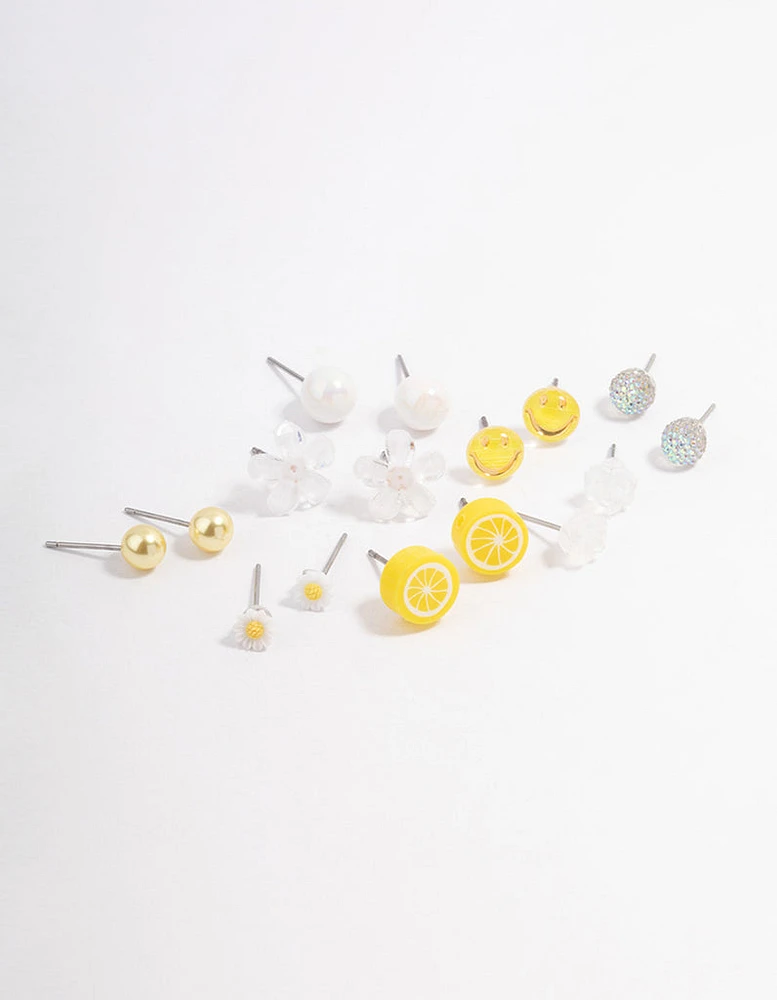 Yellow Smile Floral Stud Earrings 8-Pack