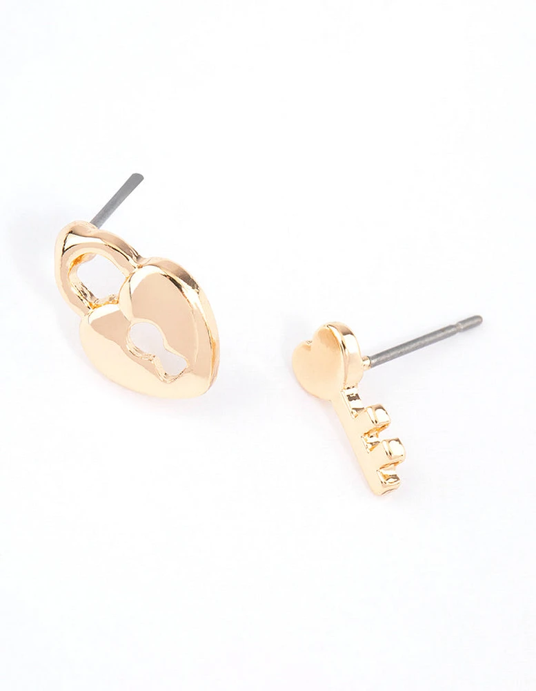 Gold Heart Lock & Key Stud Earrings