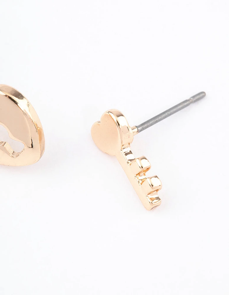 Gold Heart Lock & Key Stud Earrings