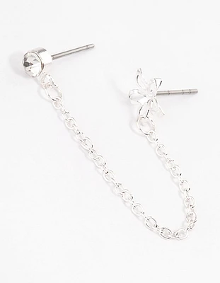 Silver Diamante & Flower Chain Earrings