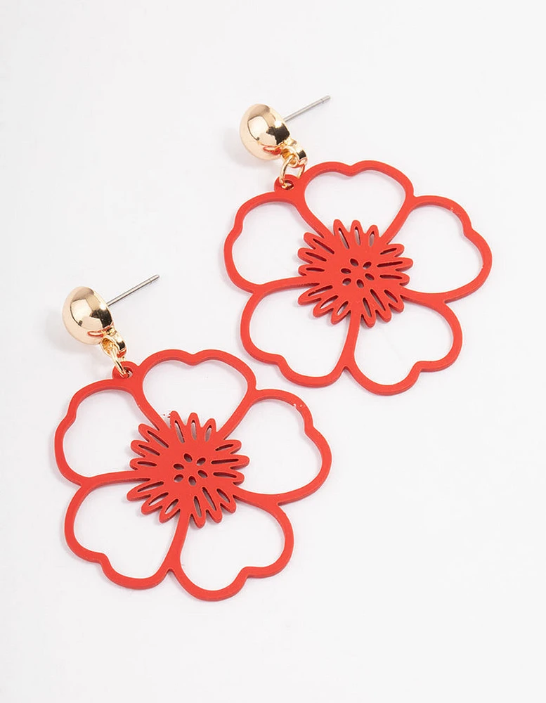 Red Open Flower Drop Earrings