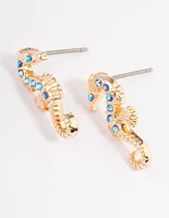 Blue Diamante Seahorse Stud Earrings