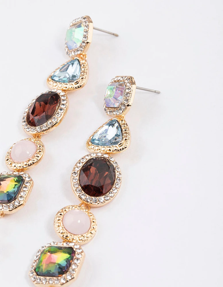 Gold Diamante Mixed Jewel Stone Drop Earrings