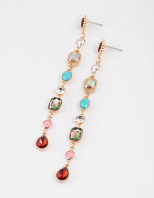 Gold Mixed Jewel Stone Link Drop Earrings