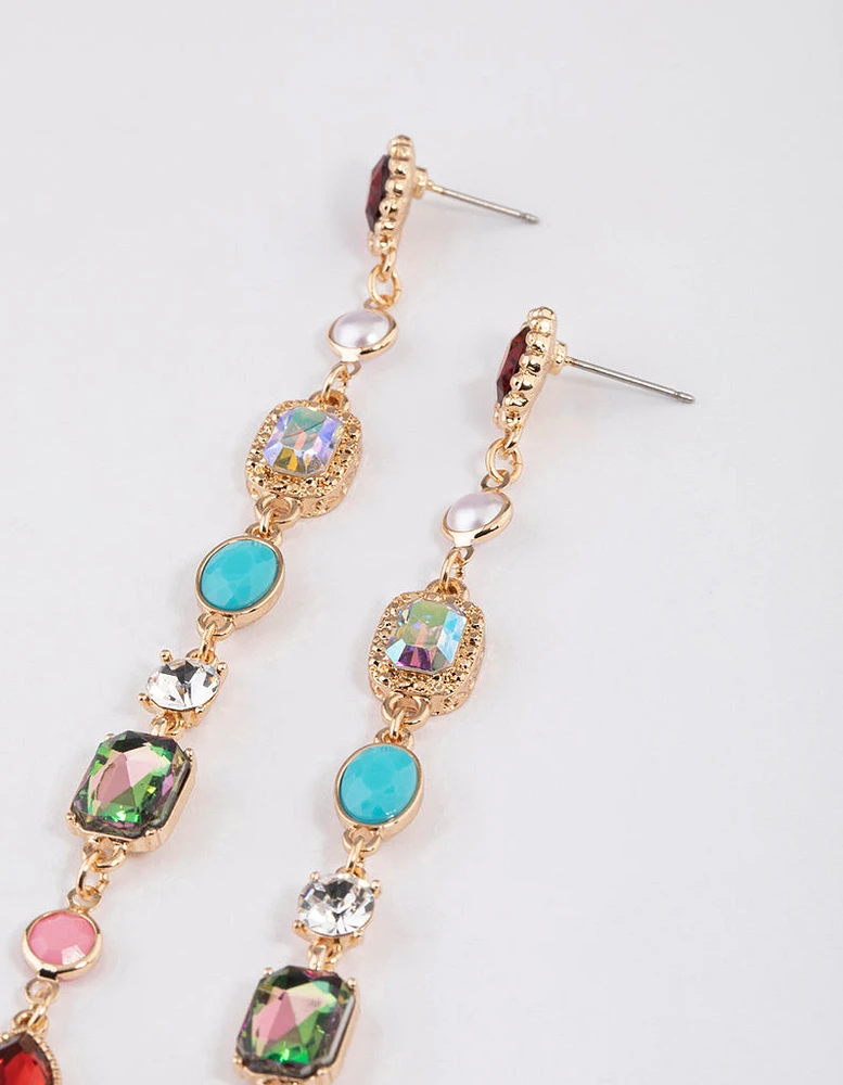 Gold Mixed Jewel Stone Link Drop Earrings