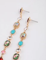 Gold Mixed Jewel Stone Link Drop Earrings