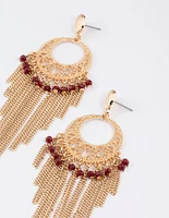 Gold Red Beaded Tassel Drop Chandbali Earrings