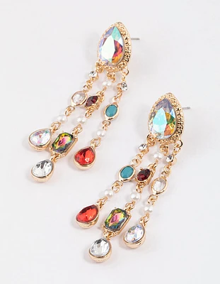 Gold Diamante Mixed Jewels Triple Drop Earrings