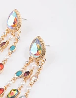 Gold Diamante Mixed Jewels Triple Drop Earrings