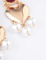 Gold Stone Heart Pearl Drop Earrings