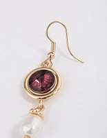 Gold Round Stone Pearly Drop Earrings