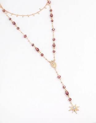 Gold Beaded Double Row Evil & Star Necklace