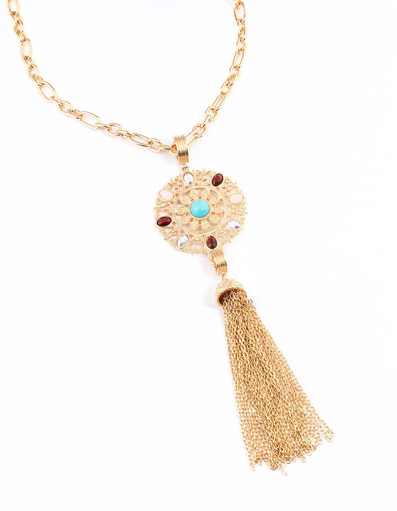 Gold Mixed Stone Disc Necklace