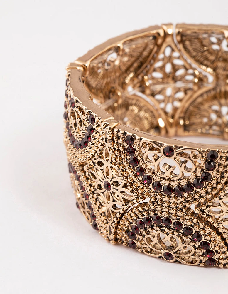 Antique Gold Filigree Diamante Mixed Stretch Bracelet