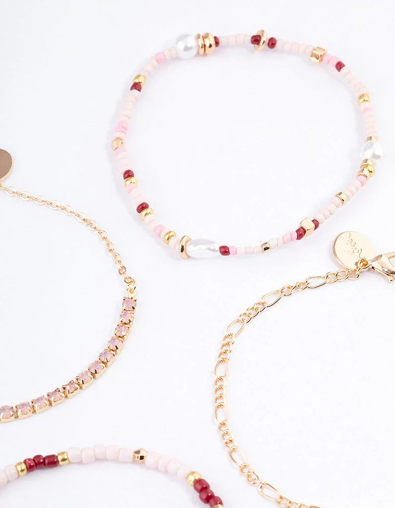 Gold Mixed Bead & Pearl Chain Bracelet 4-Pack