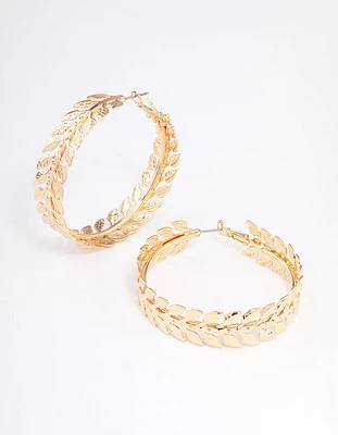 Gold Hammered Leaf Wrapped Hoop Earrings