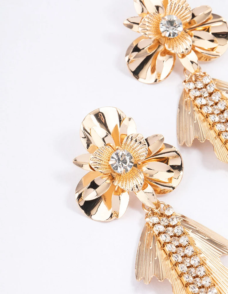 Gold Flower Petal Cupchain Drop Earrings