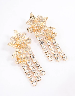 Gold Statement Diamante Flower Drop Earrings