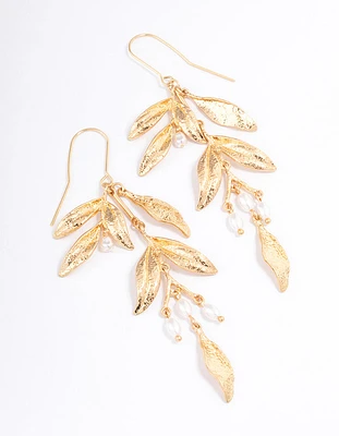 Gold Dainty Leaf & Pearl Drop Earrings