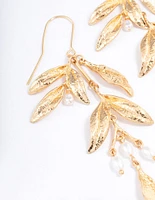 Gold Dainty Leaf & Pearl Drop Earrings