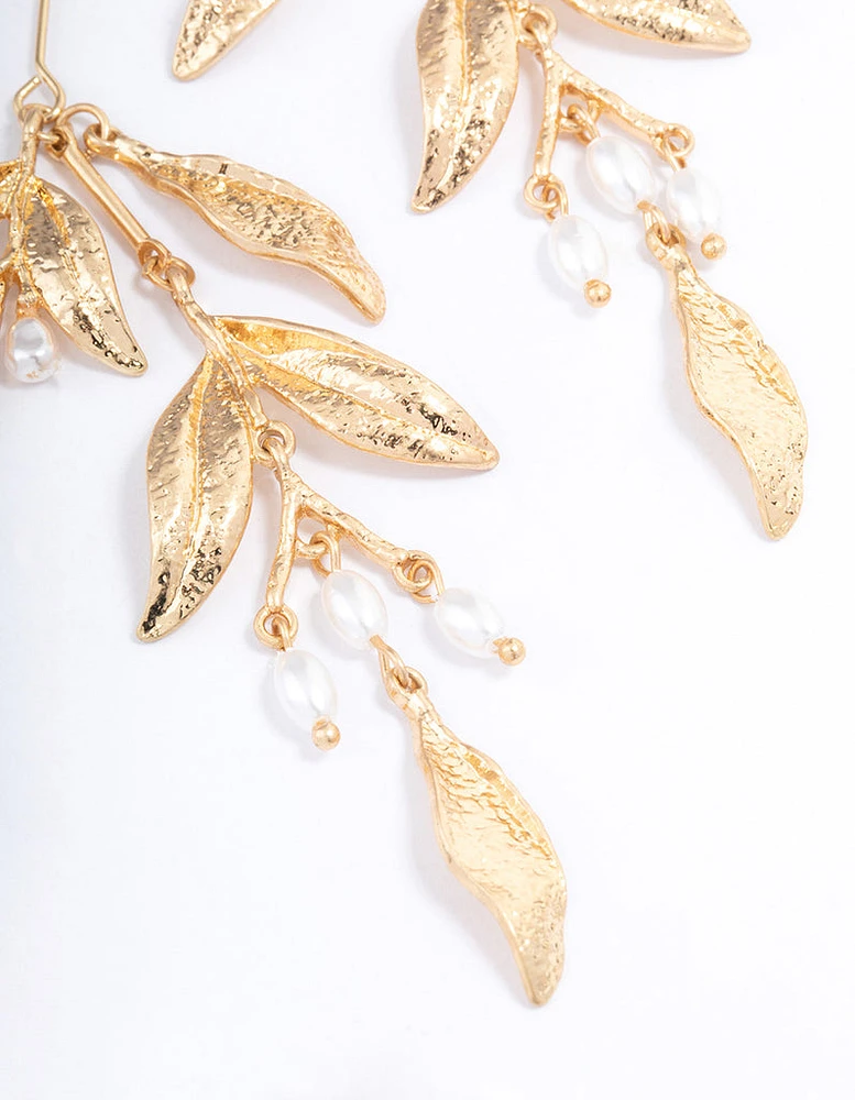 Gold Dainty Leaf & Pearl Drop Earrings