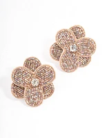 Gold Beaded Flower Stud Earrings