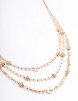 Gold Triple Row Mixed Circle Beaded Necklace