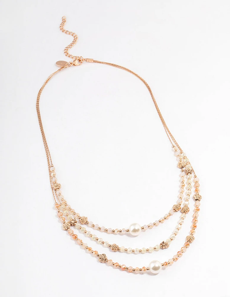 Gold Triple Row Mixed Circle Beaded Necklace