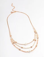 Gold Triple Row Mixed Circle Beaded Necklace