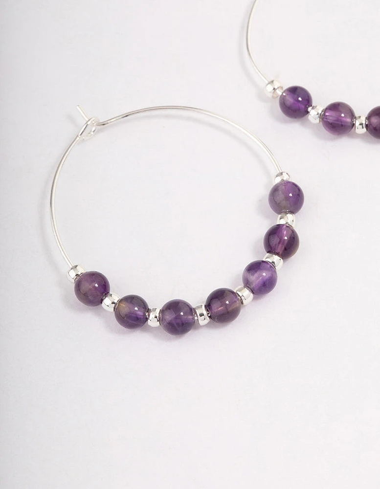 Silver Amethyst Mixed Beaded Hoop Earrings