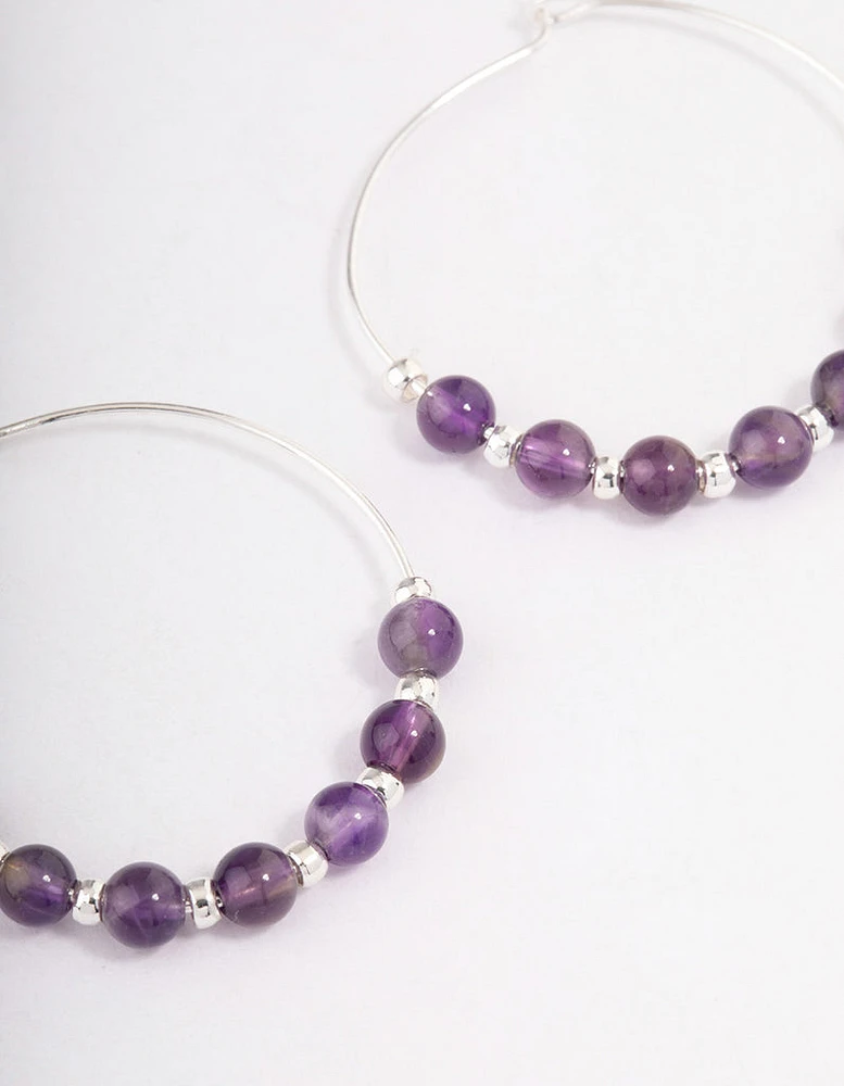 Silver Amethyst Mixed Beaded Hoop Earrings