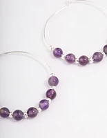 Silver Amethyst Mixed Beaded Hoop Earrings