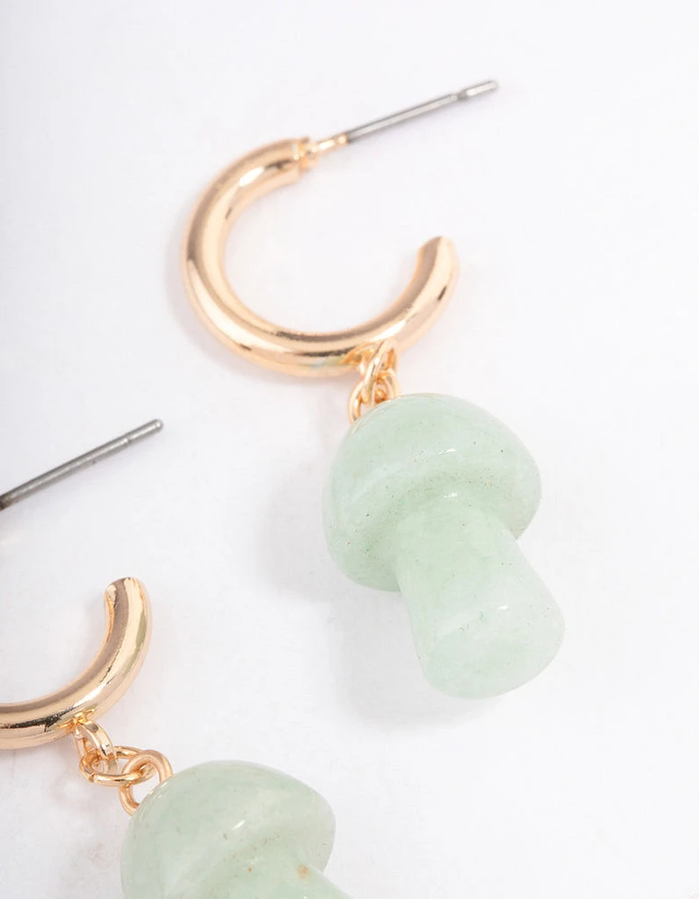 Gold Green Aventurine Moon & Mushroom Huggie Earrings