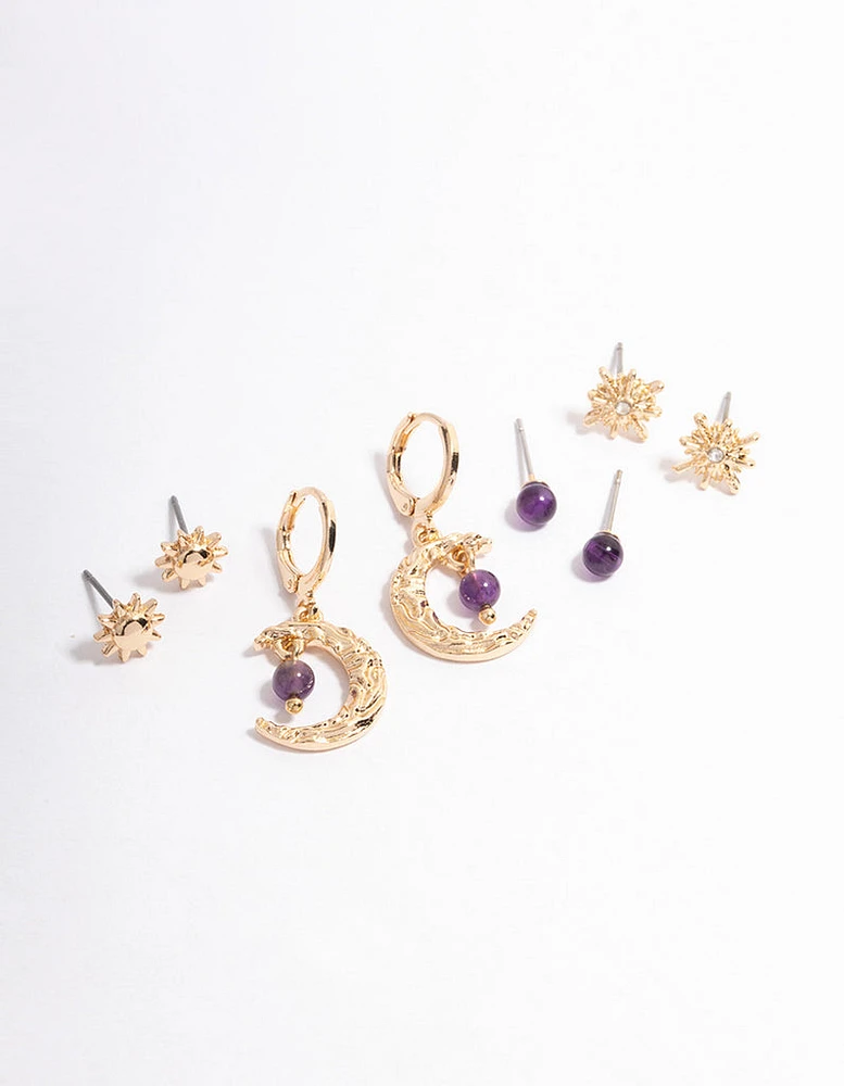 Gold Amethyst Mixed Star & Moon Stacker Earrings