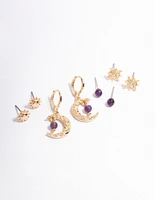 Gold Amethyst Mixed Star & Moon Stacker Earrings