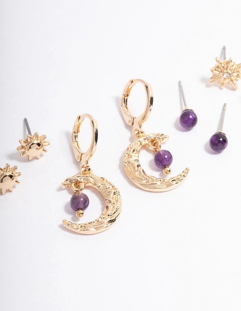 Gold Amethyst Mixed Star & Moon Stacker Earrings