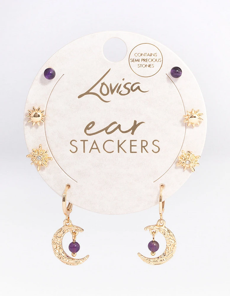 Gold Amethyst Mixed Star & Moon Stacker Earrings